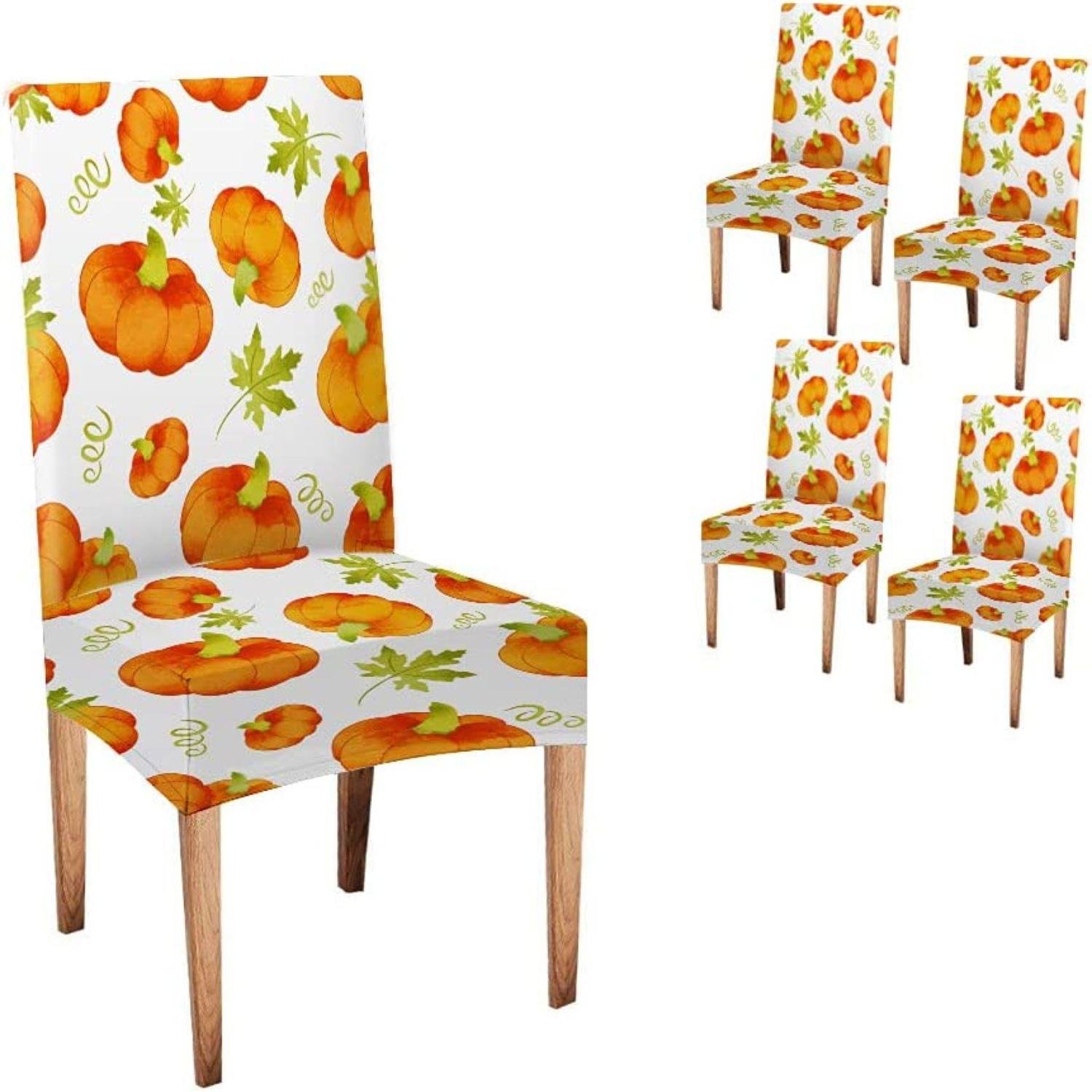 Halloween Chair Covers Musesh Autumn Chair Covers Halloween Orange Pumpkins Trendy Pattern Watercolor Fall Chair Covers Set of 4 Stretch Removable Washable Slipcovers for Dining Room Hotel Kitchen
